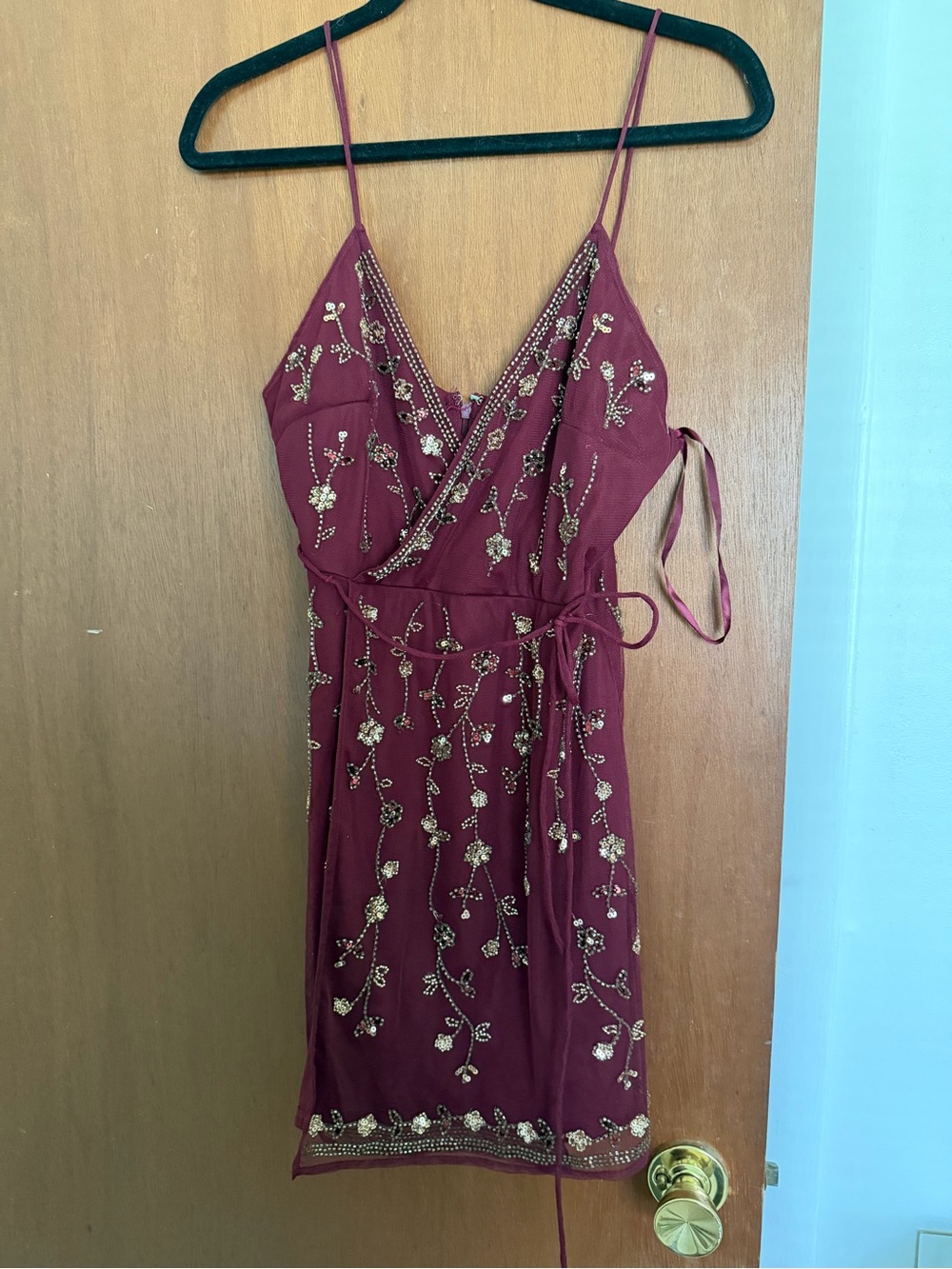 Altar'd State Burgundy Spaghetti-Strap Embellished Wrap Mini Dress